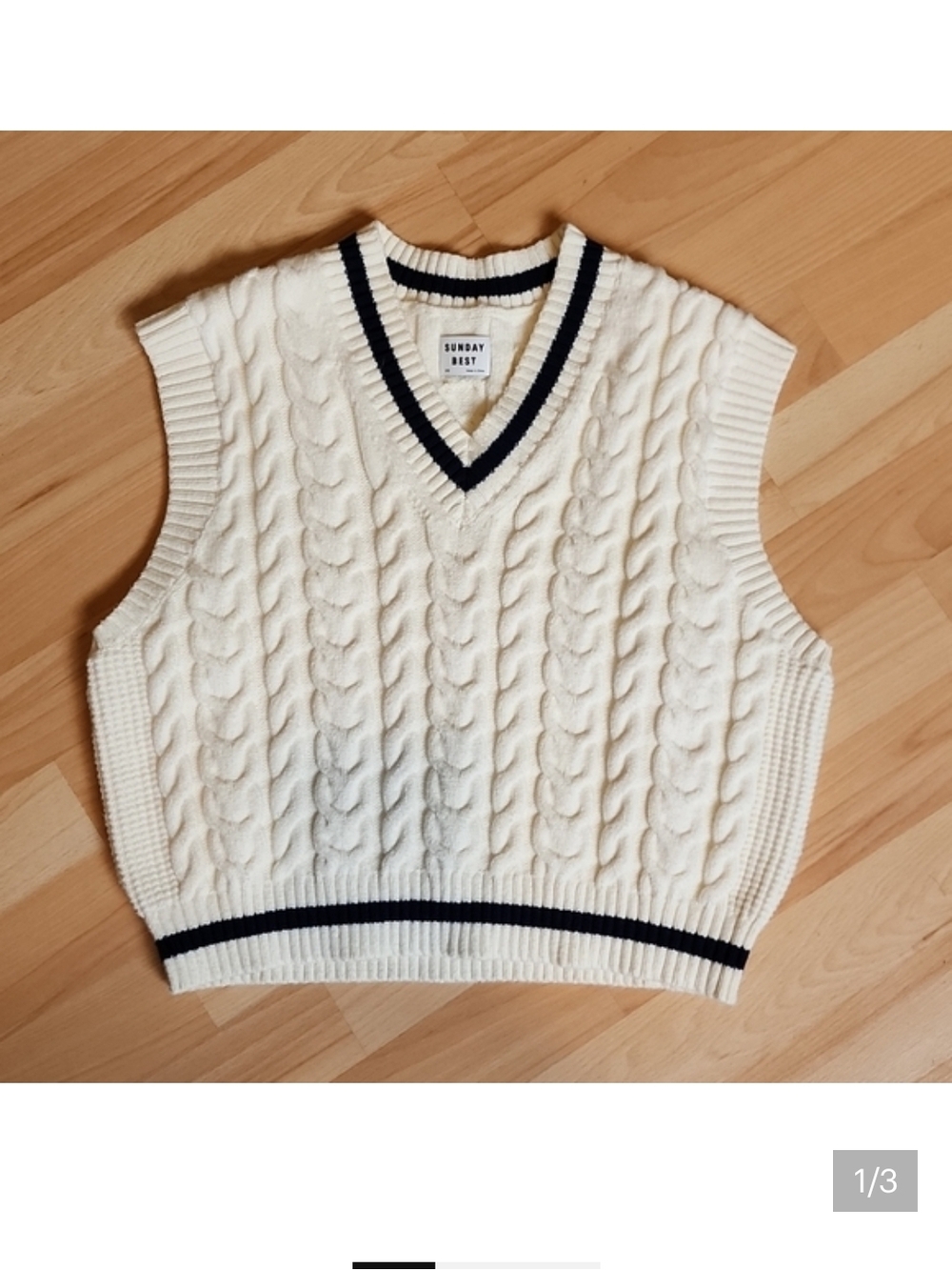 Sunday Best Cream Cable Knit V-Neck Vest with Navy Trim